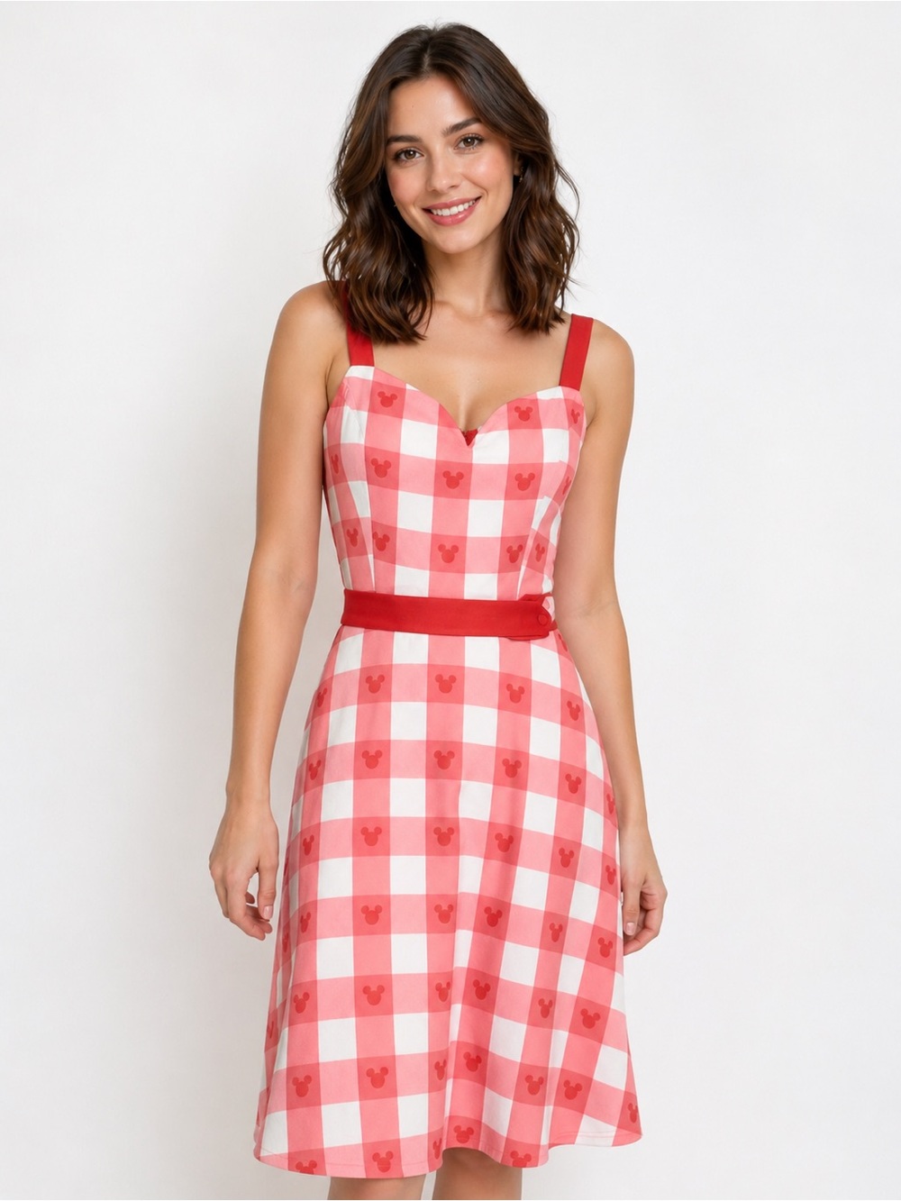 Disney Mickey Mouse Print Dress Coral Pink Plaid Buffalo Check Size Medium